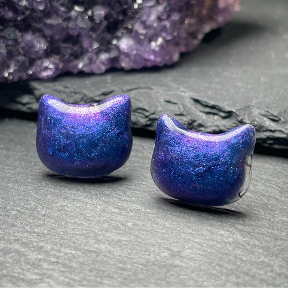 Custom Purple and Blue Sparkling Cat Hand Crafted Stud Post Earrings - Picture 7 of 10